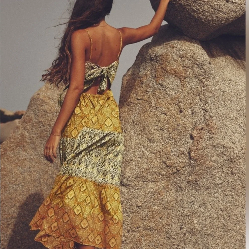 Zara Yellow and Cream 100% Cotton Patterned Boho Maxi Dress - Picture 2 of 9